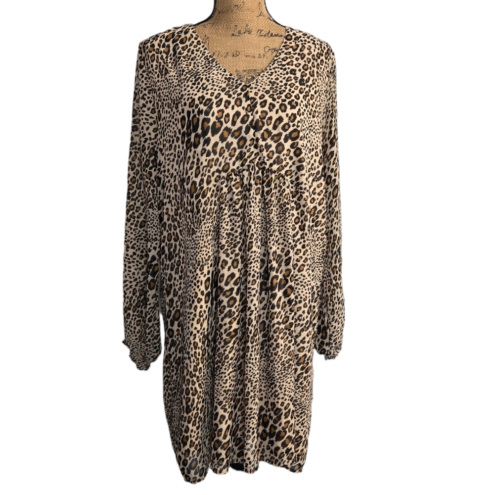 Time and Tru Long Sleeve V-Neck Animal Print Midi Dress Sz X-Large 16-18